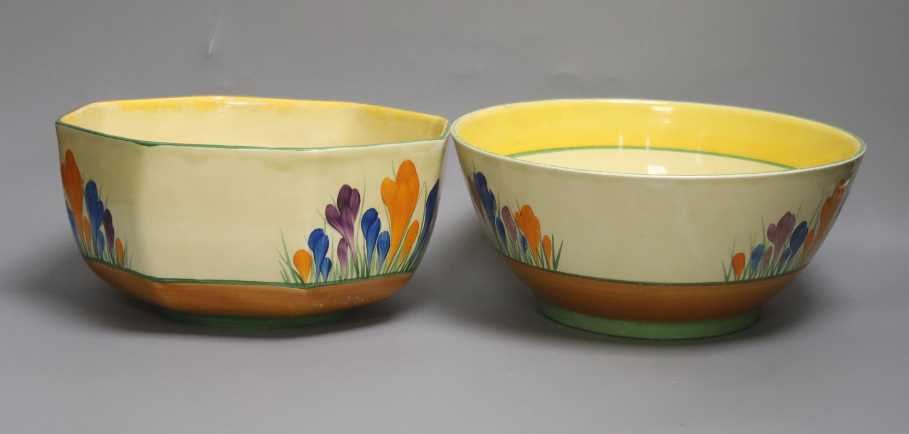 Two Clarice Cliff crocus pattern bowls 22cm